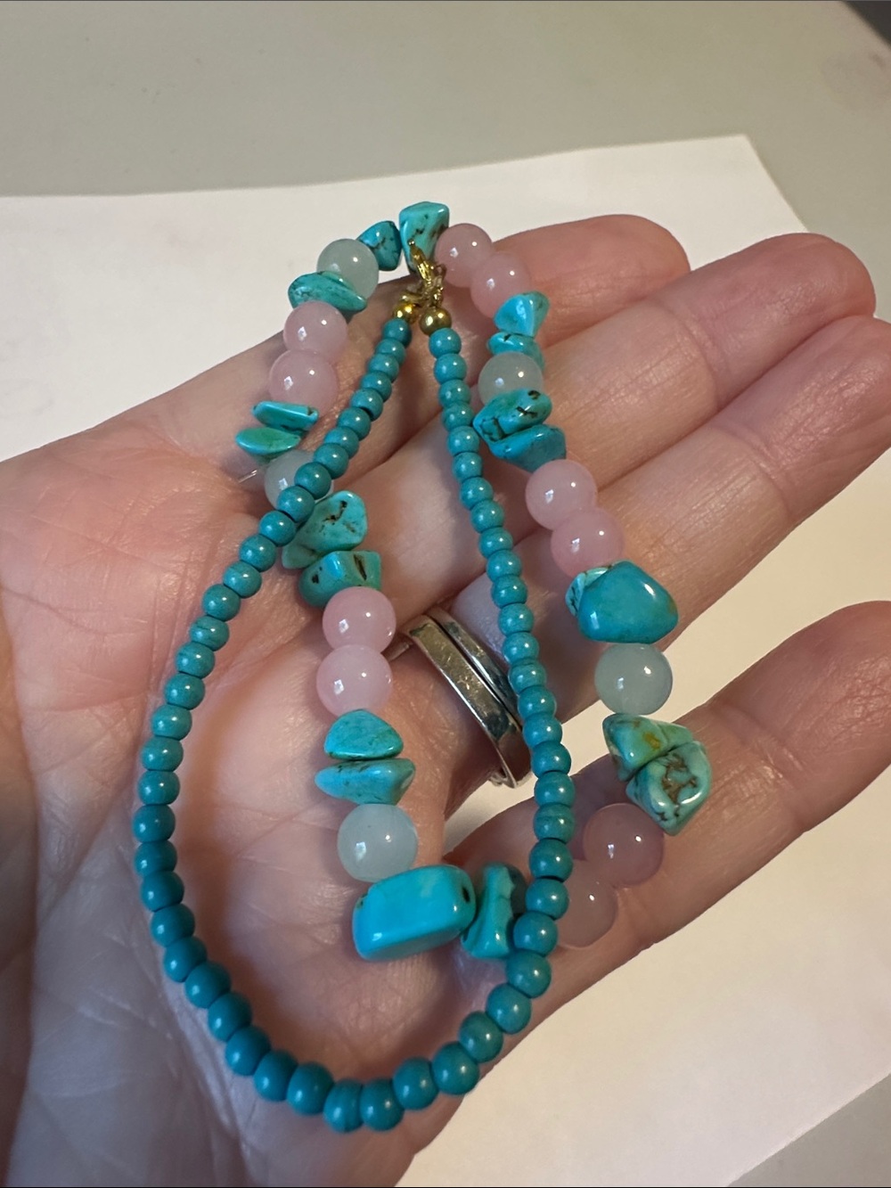 Handcrafted Turquoise & Pink quartz Beaded Stretch Bracelet Set